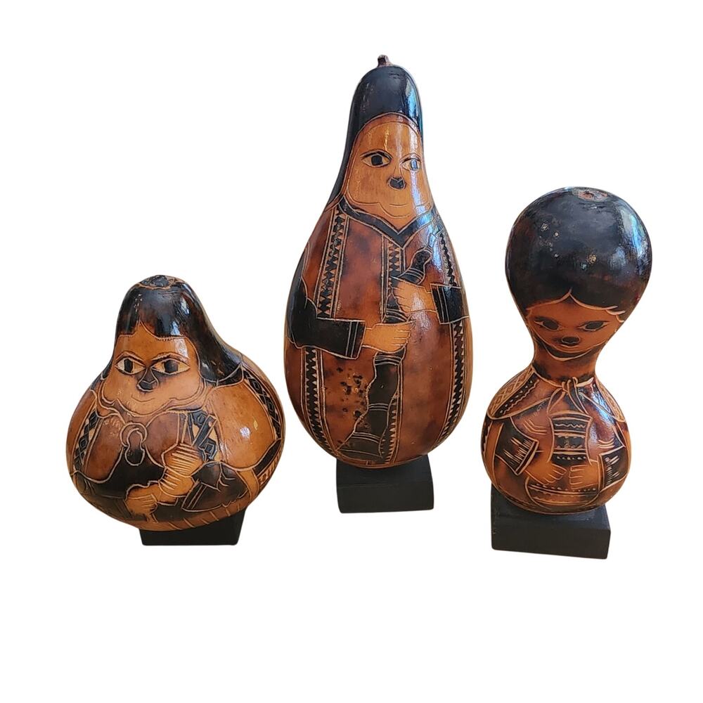 Vintage Peruvian Hand Carved Gourd Art Family Set of 3 Rattle Folk Art